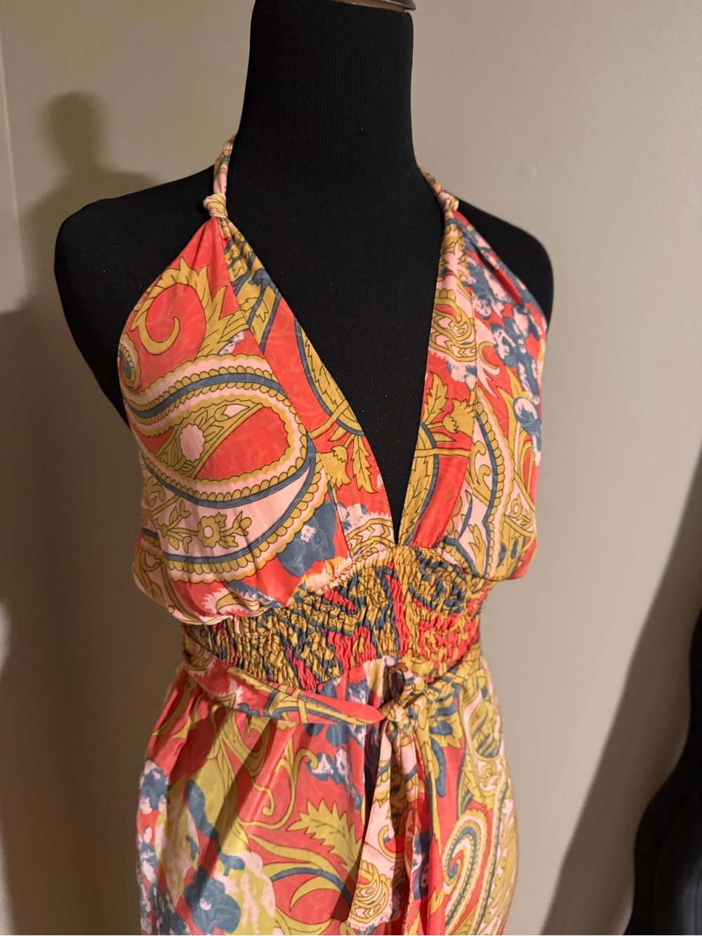 Karma Highway Paisley Halter Maxi Dress Boho Smocked Waist OS